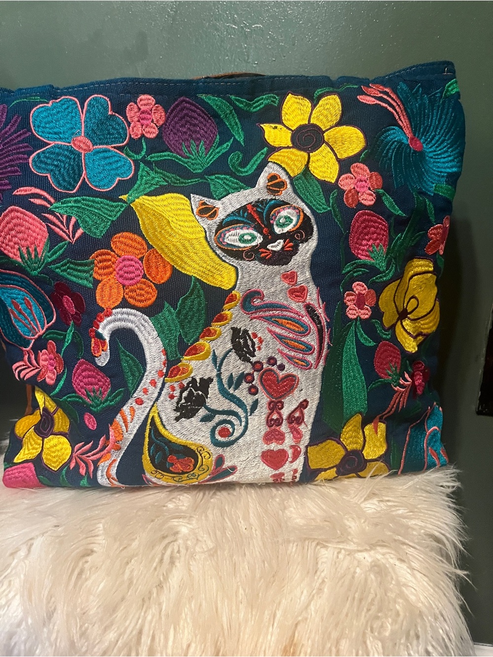Embroidered Colorful Cat Tote bag - Multicolor